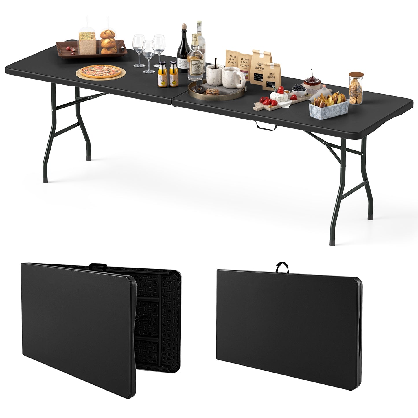 8 ft Portable Folding Table, 350 LBS Capacity, HDPE Tabletop, Black Camping Furniture at Gallery Canada