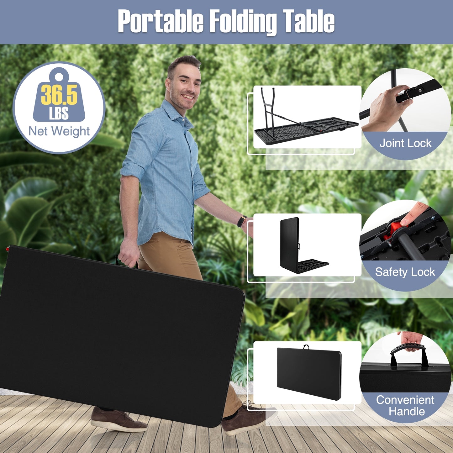 8 ft Portable Folding Table, 350 LBS Capacity, HDPE Tabletop, Black Camping Furniture at Gallery Canada