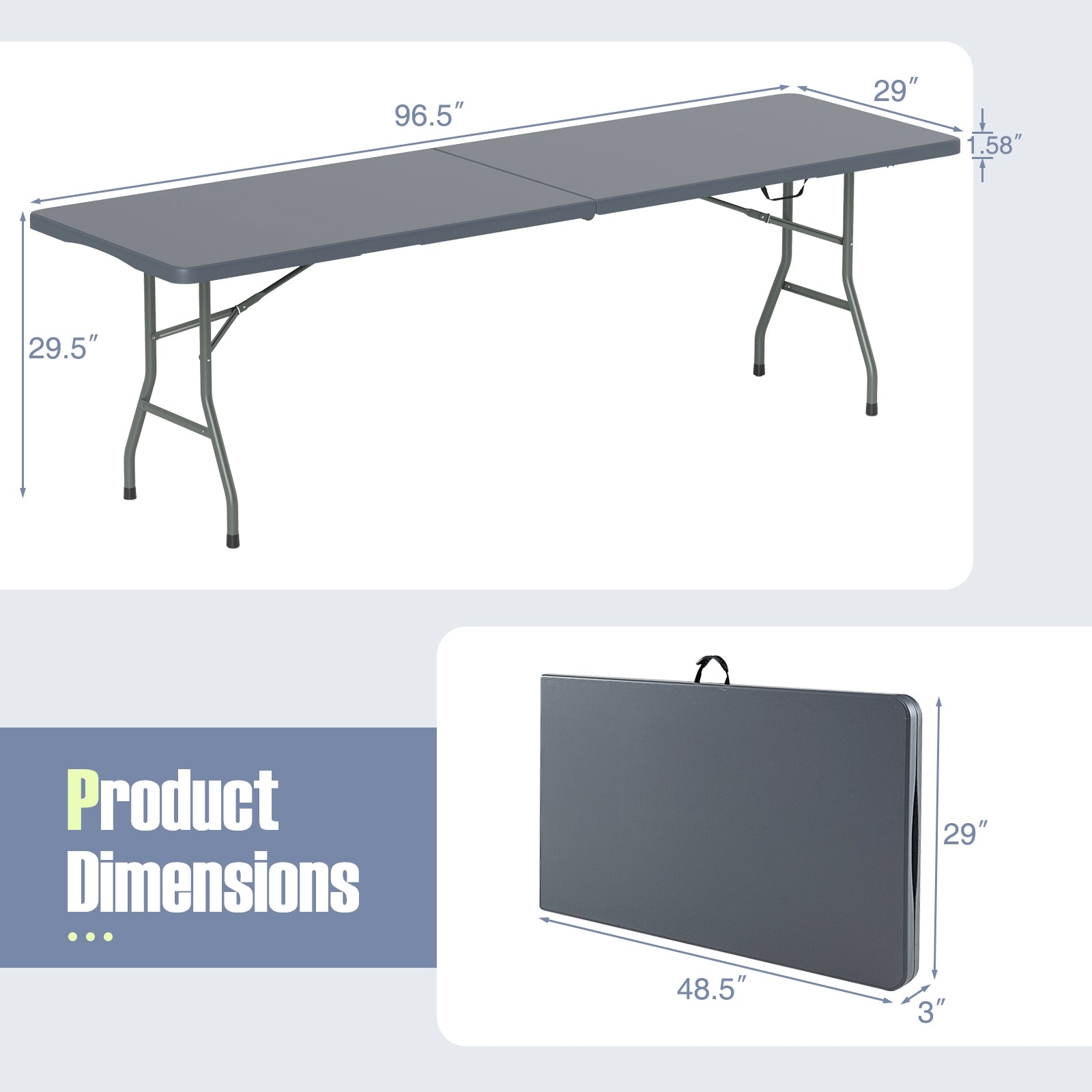 8 ft Portable Folding Table 350 LBS Fold-in-Half Table with HDPE Tabletop, Gray Camping Furniture at Gallery Canada