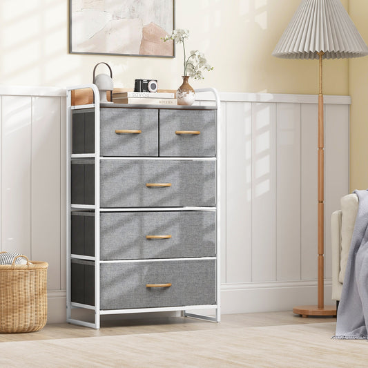 4-Tier Organizer Tower Steel Frame Wooden Top Storage with 5-Drawer Dresser, Gray Dressers & Chests Gray at Gallery Canada