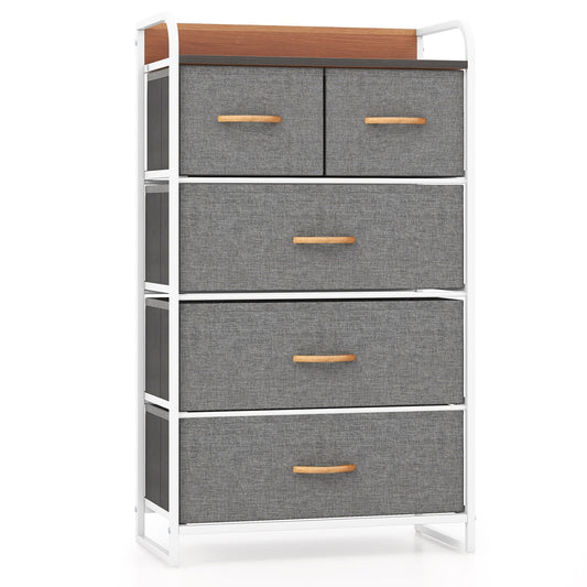 4-Tier Storage Tower, Wooden Top, 5-Drawer Dresser, Gray