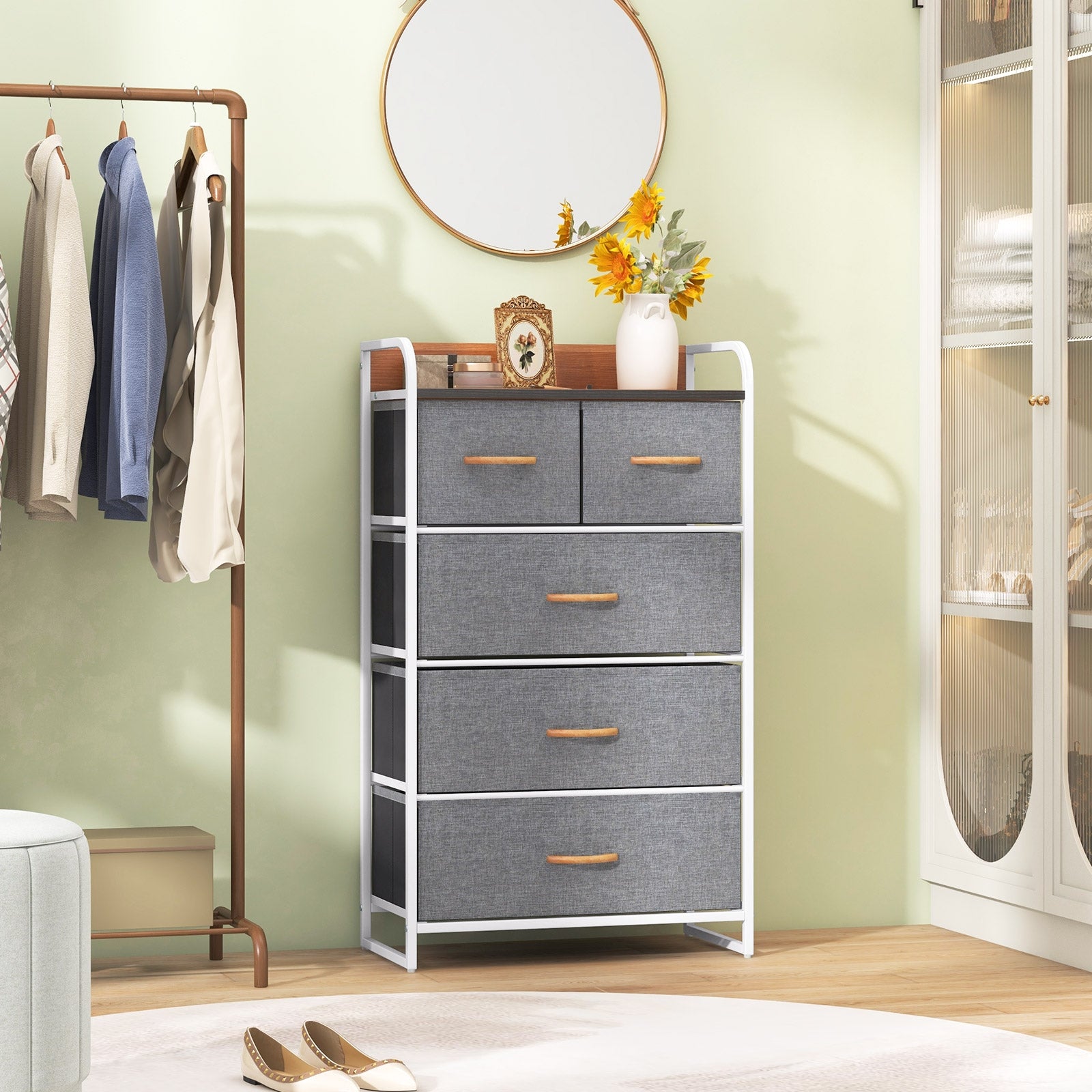 4-Tier Organizer Tower Steel Frame Wooden Top Storage with 5-Drawer Dresser, Gray Dressers & Chests at Gallery Canada