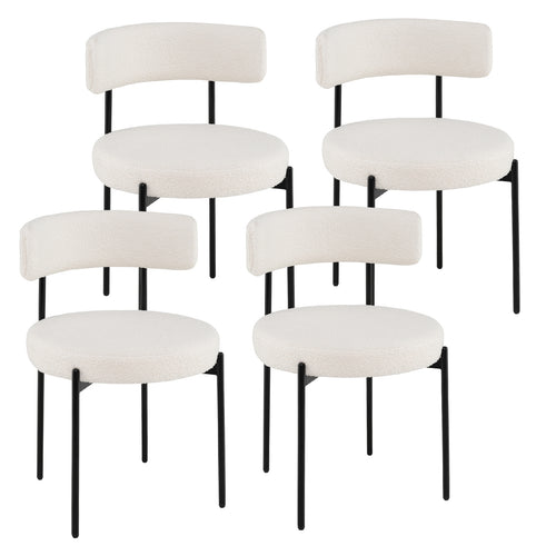 Boucle Dining Chair, Curved Backrest, Metal Legs, Set of 4, White