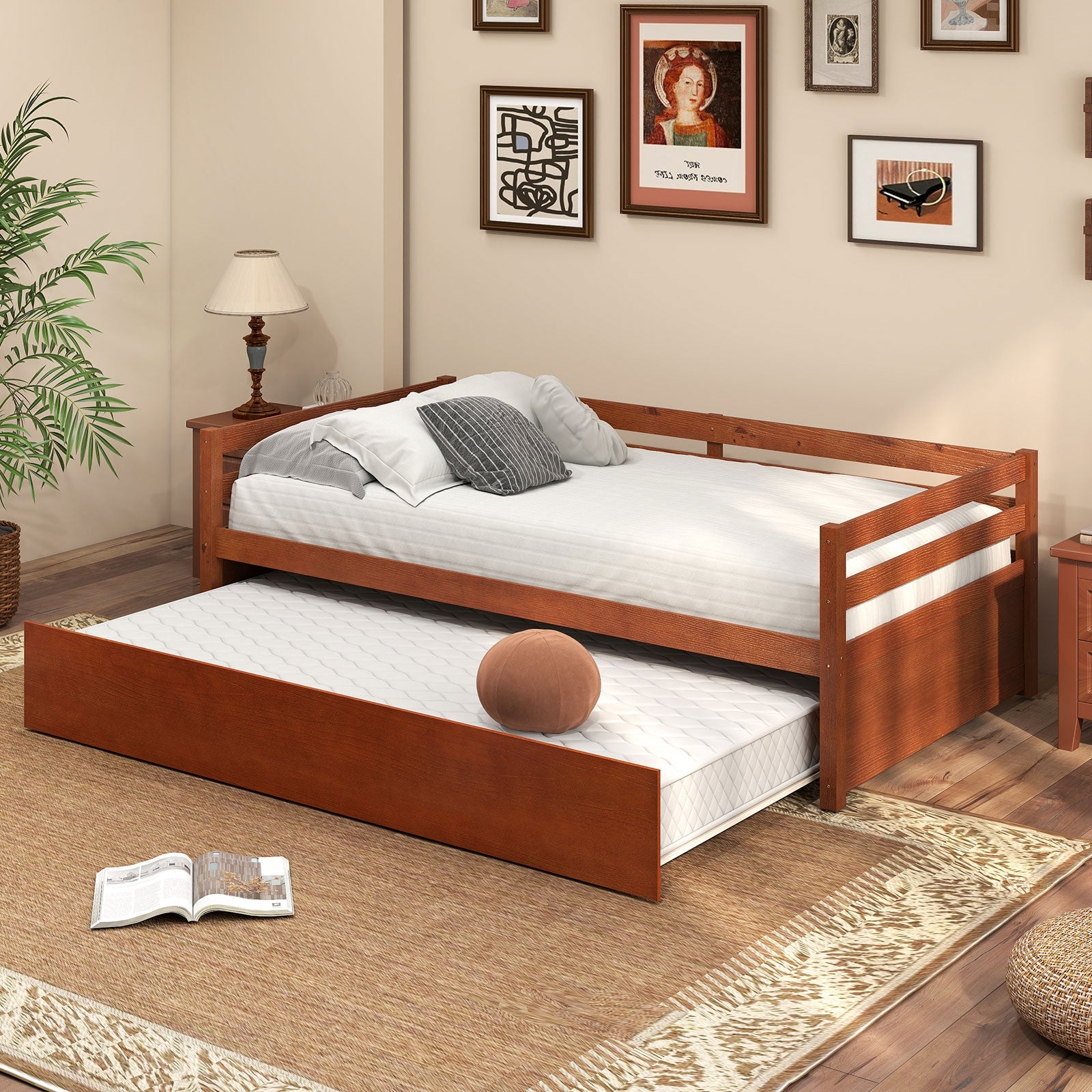 Twin Size Trundle Platform Bed Frame with Wooden Slat Support, Walnut Trundle Bed Frame at Gallery Canada