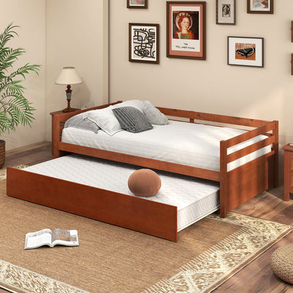 Twin Size Trundle Platform Bed Frame with Wooden Slat Support, Walnut Trundle Bed Frame at Gallery Canada