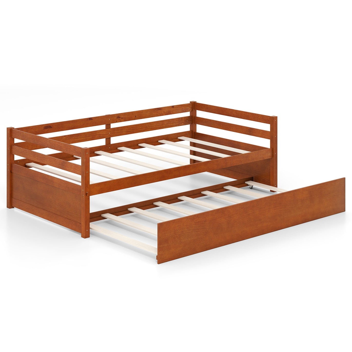 Twin Size Trundle Platform Bed Frame, Wooden Slat Support, Walnut Trundle Bed Frame at Gallery Canada