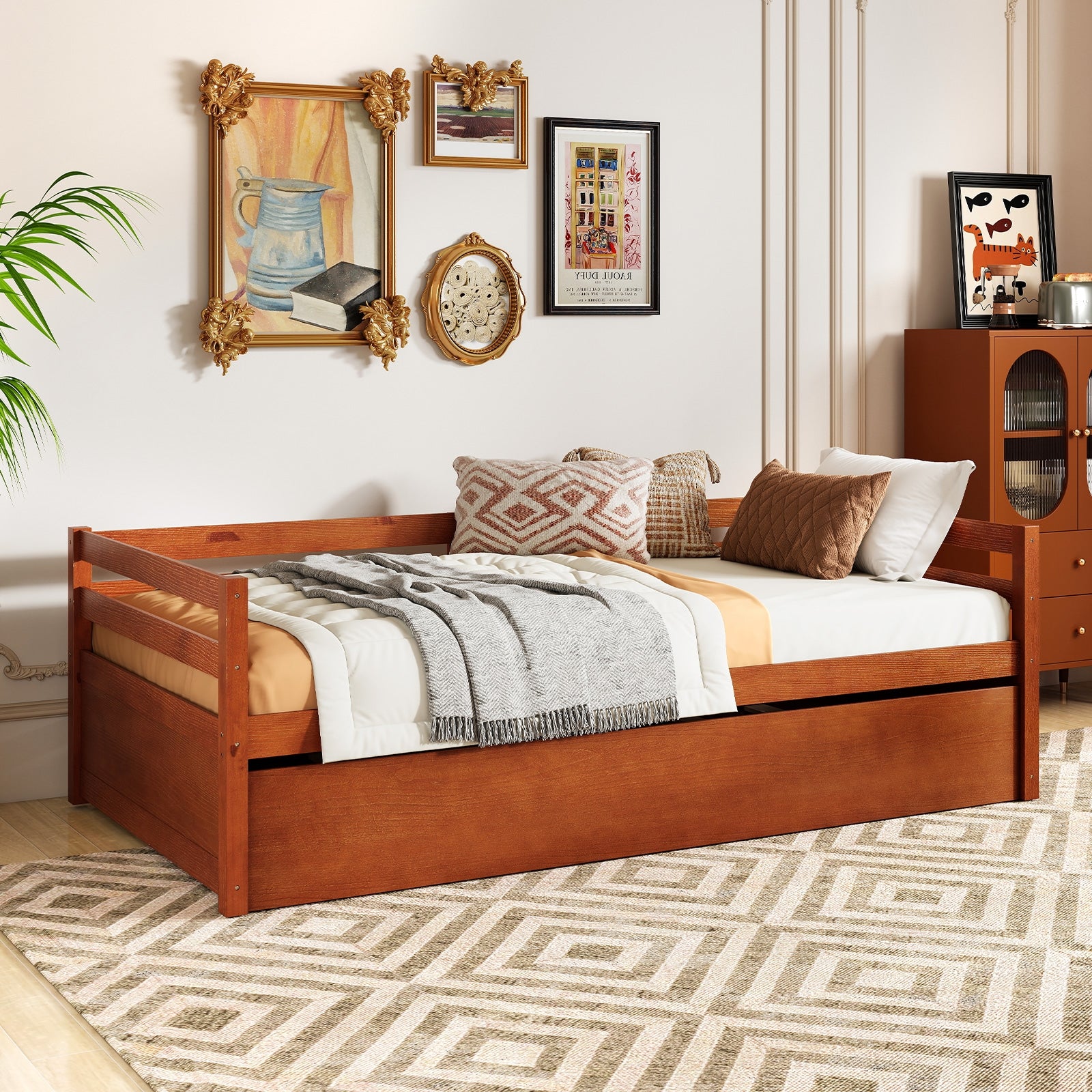 Twin Size Trundle Platform Bed Frame with Wooden Slat Support, Walnut Trundle Bed Frame at Gallery Canada