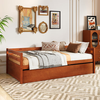 Twin Size Trundle Platform Bed Frame with Wooden Slat Support, Walnut Trundle Bed Frame at Gallery Canada