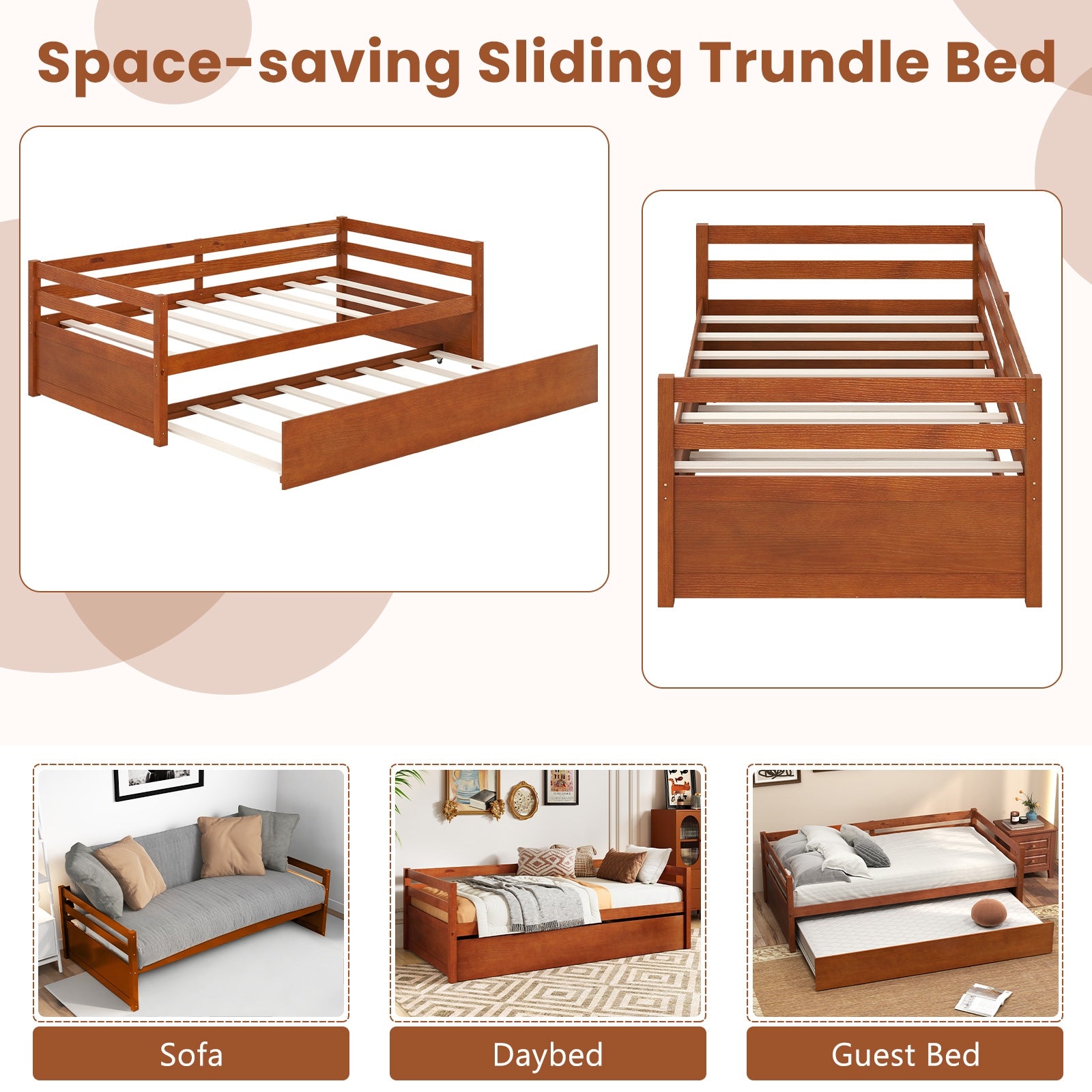 Twin Size Trundle Platform Bed Frame with Wooden Slat Support, Walnut Trundle Bed Frame at Gallery Canada