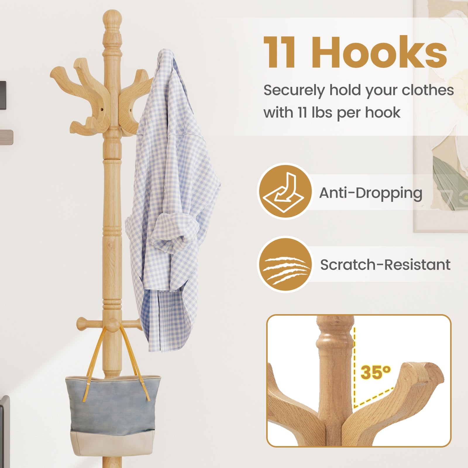 Solid Wood Hall Tree with 11 Hooks and 3 Height Options for Entryway, Natural Coat Racks & Hall Trees at Gallery Canada