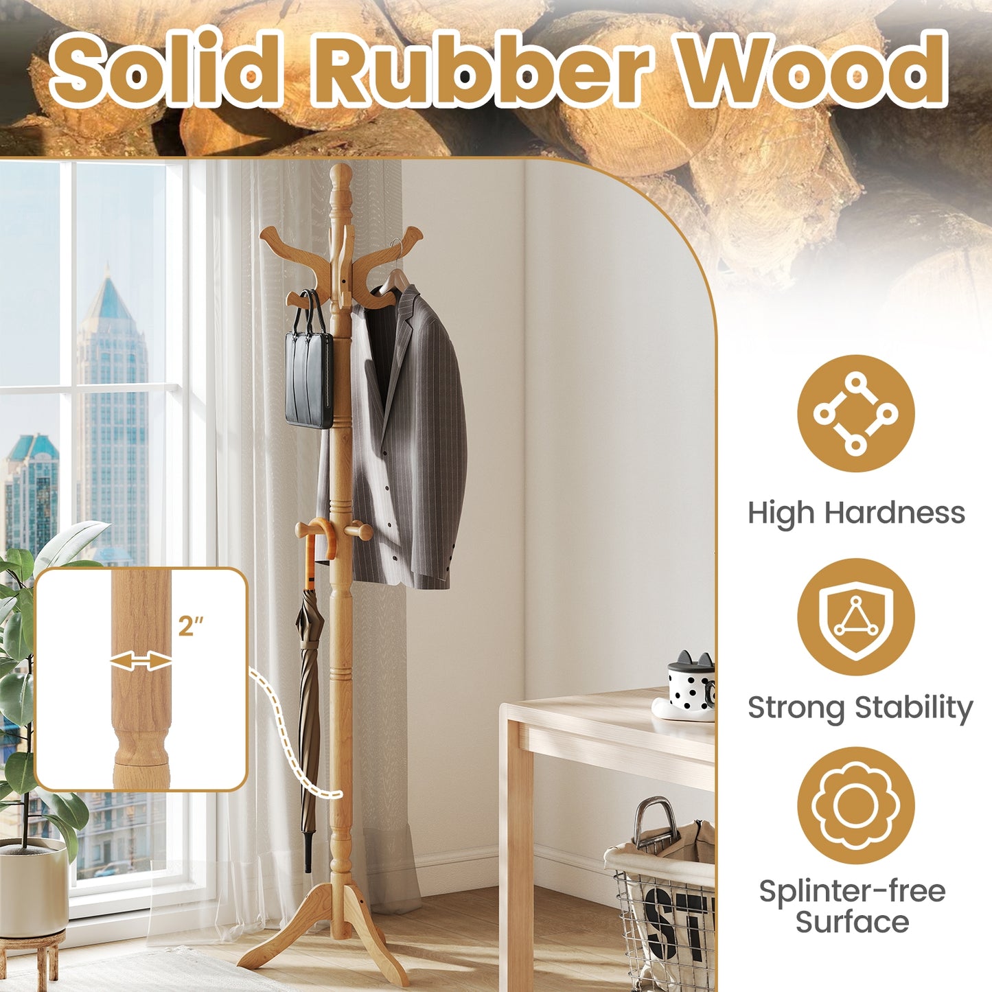 Solid Wood Hall Tree with 11 Hooks and 3 Height Options for Entryway, Natural Coat Racks & Hall Trees at Gallery Canada