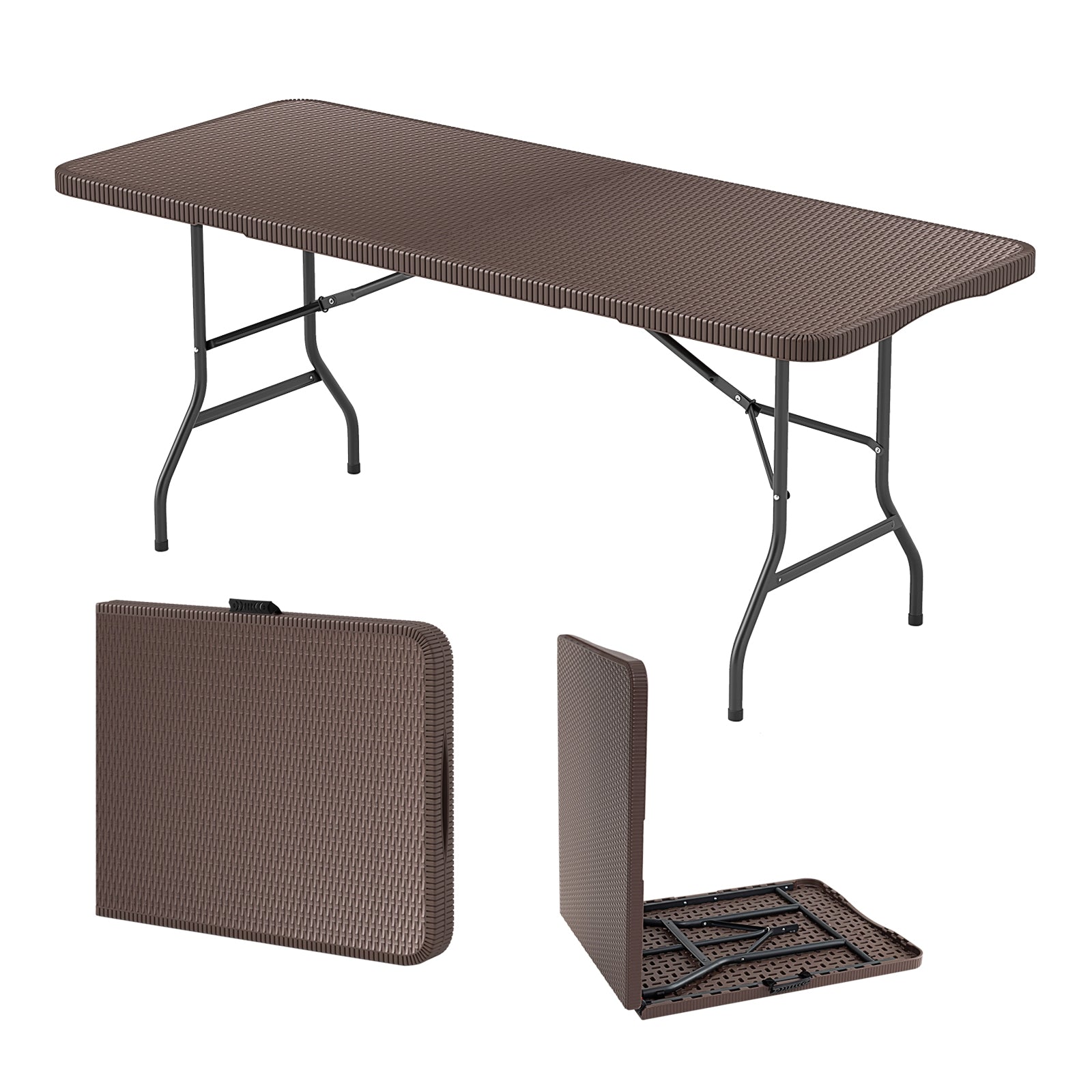 6 ft Portable Folding Table with Rattan-Like HDPE Tabletop and Safe Lock Mechanism, Brown Patio Dining Tables at Gallery Canada