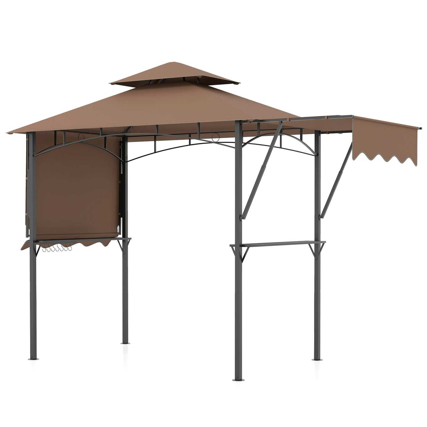 13 x 5 Pieds Gazebo de Gril, Auvents Doubles Latéraux, 2 Étagères Réglables, Café