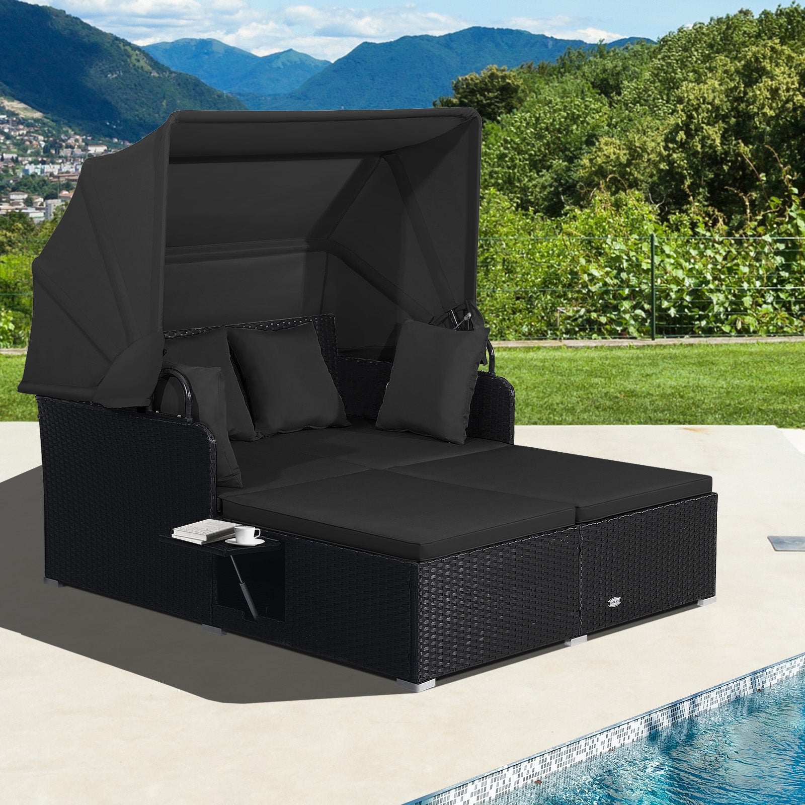 Patio Rattan Daybed with Retractable Canopy and Side Tables, Black Outdoor Sectionals at Gallery Canada