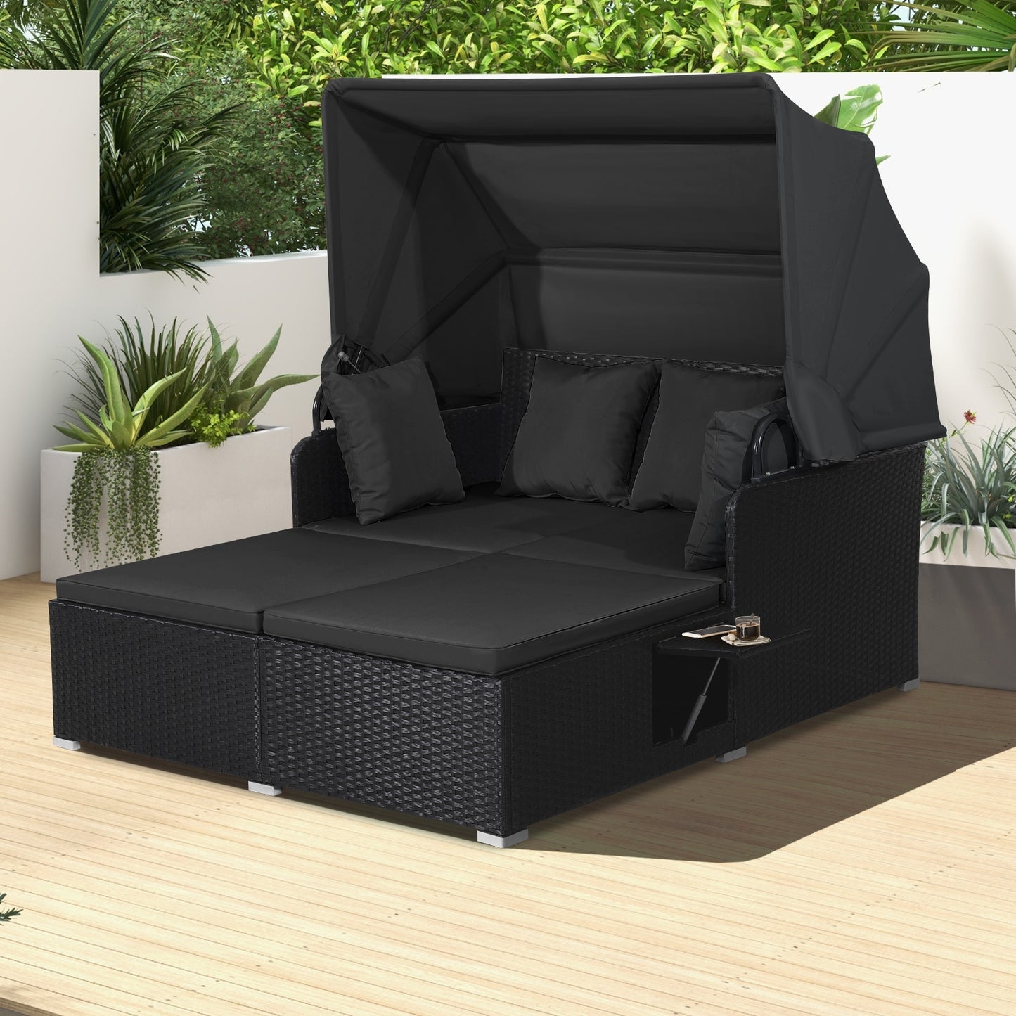 Patio Rattan Daybed with Retractable Canopy and Side Tables, Black Outdoor Sectionals at Gallery Canada