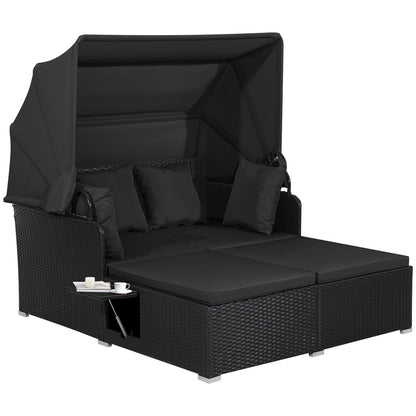 Patio Rattan Daybed with Retractable Canopy and Side Tables, Black Outdoor Sectionals Black at Gallery Canada