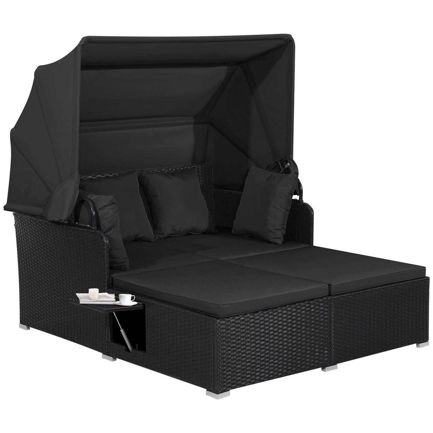 Patio Rattan Daybed with Retractable Canopy and Side Tables, Black Outdoor Sectionals at Gallery Canada