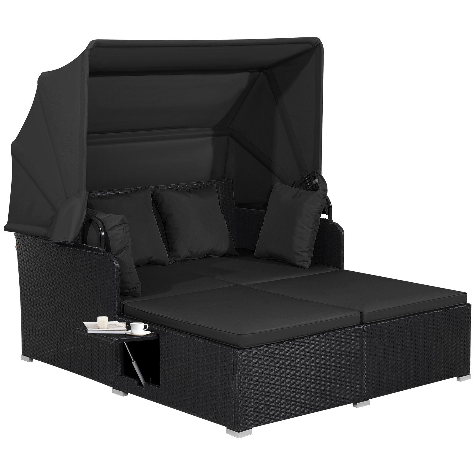 Patio Rattan Daybed with Retractable Canopy and Side Tables, Black Outdoor Sectionals at Gallery Canada