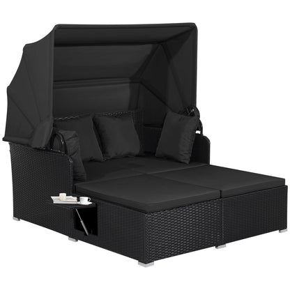 Patio Rattan Daybed with Retractable Canopy and Side Tables, Black Outdoor Sectionals at Gallery Canada