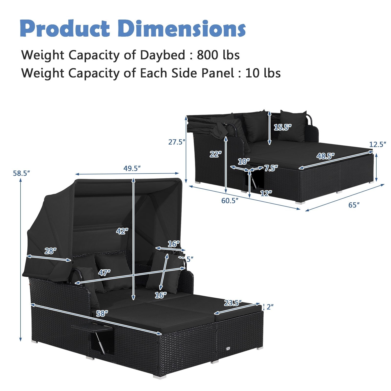 Patio Rattan Daybed with Retractable Canopy and Side Tables, Black Outdoor Sectionals at Gallery Canada