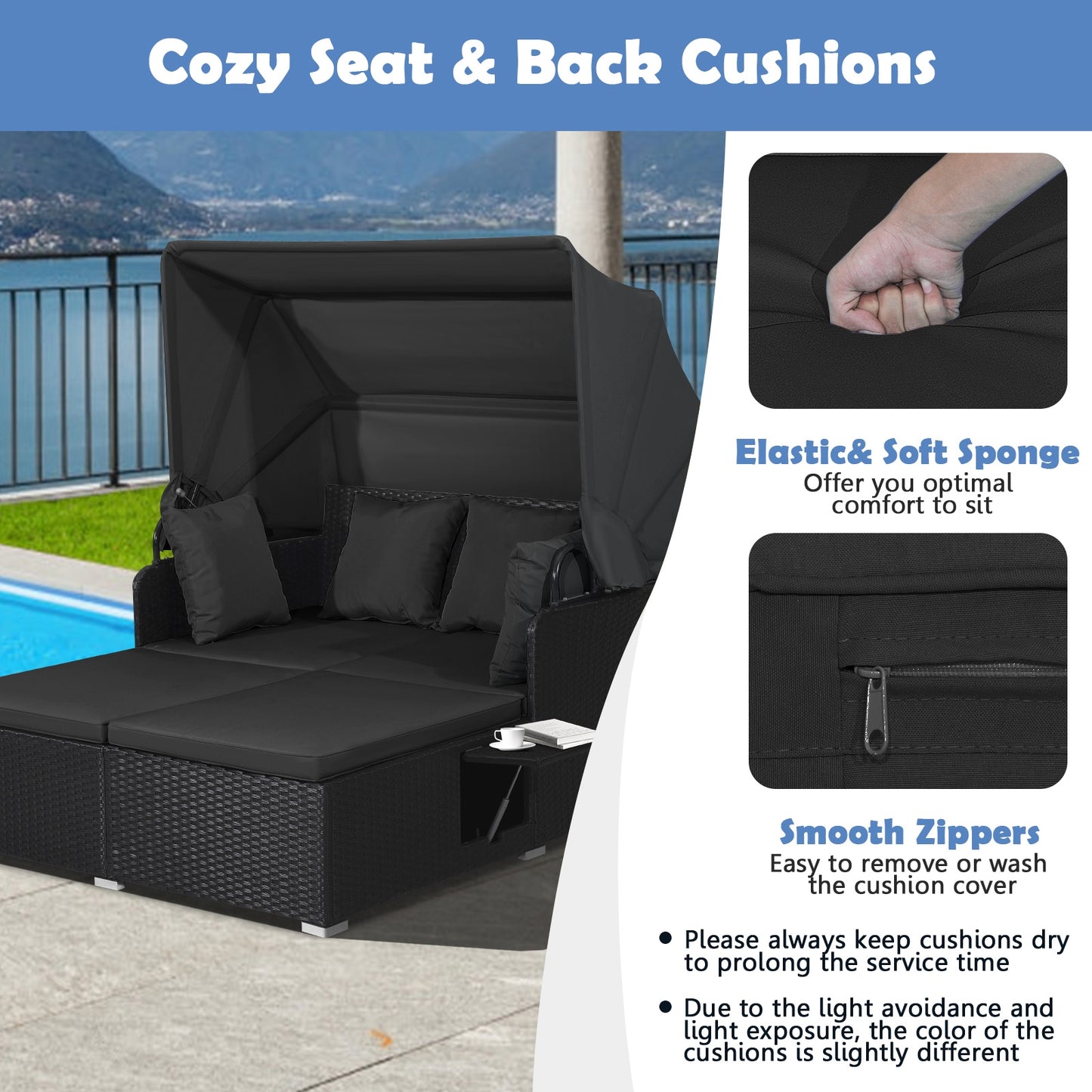 Patio Rattan Daybed with Retractable Canopy and Side Tables, Black Outdoor Sectionals at Gallery Canada