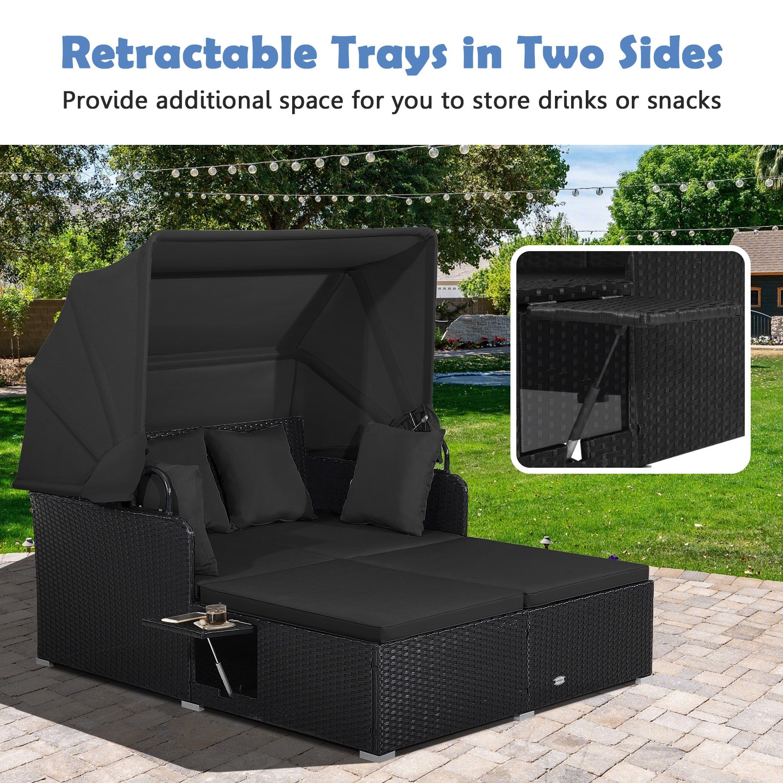 Patio Rattan Daybed with Retractable Canopy and Side Tables, Black Outdoor Sectionals at Gallery Canada