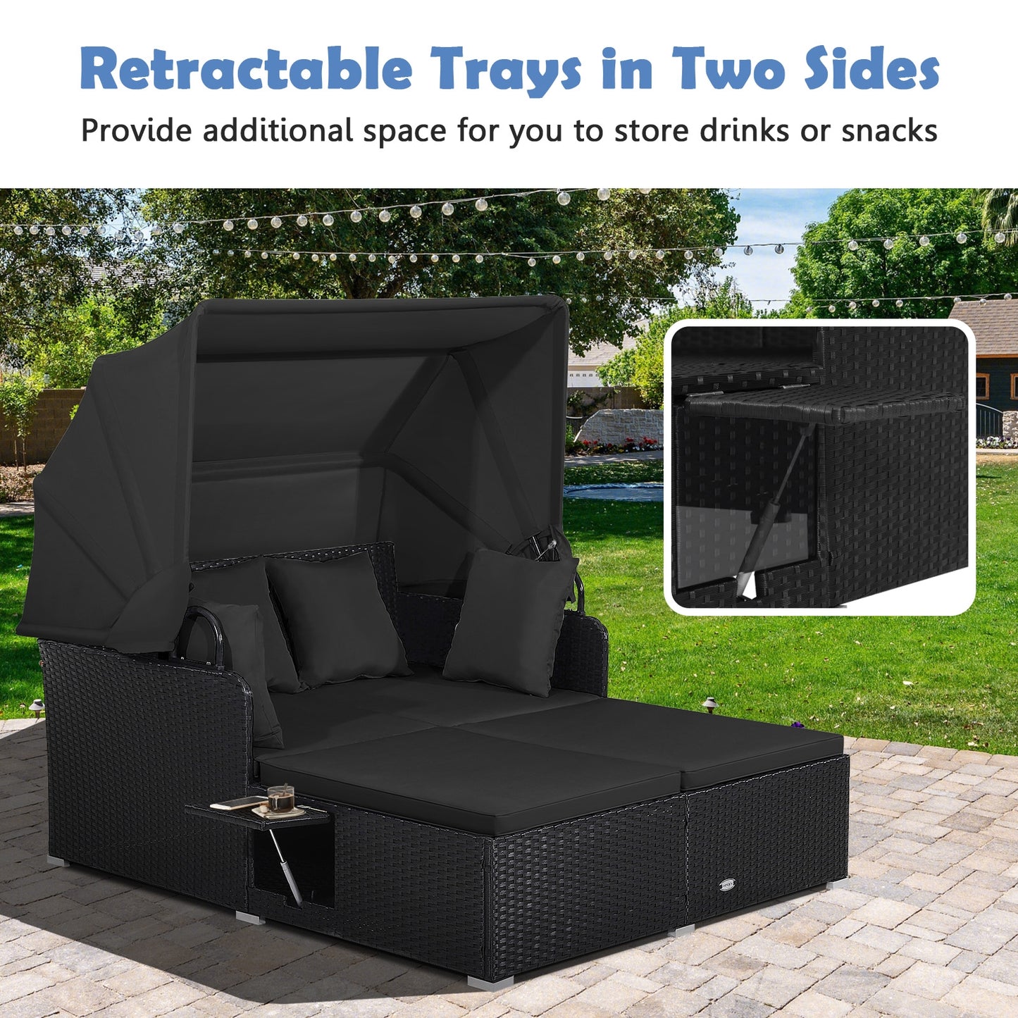 Patio Rattan Daybed with Retractable Canopy and Side Tables, Black Outdoor Sectionals at Gallery Canada
