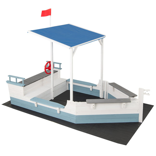 Pirate Ship Sandbox with Canopy with Bench Seats and Bottom Liner, White