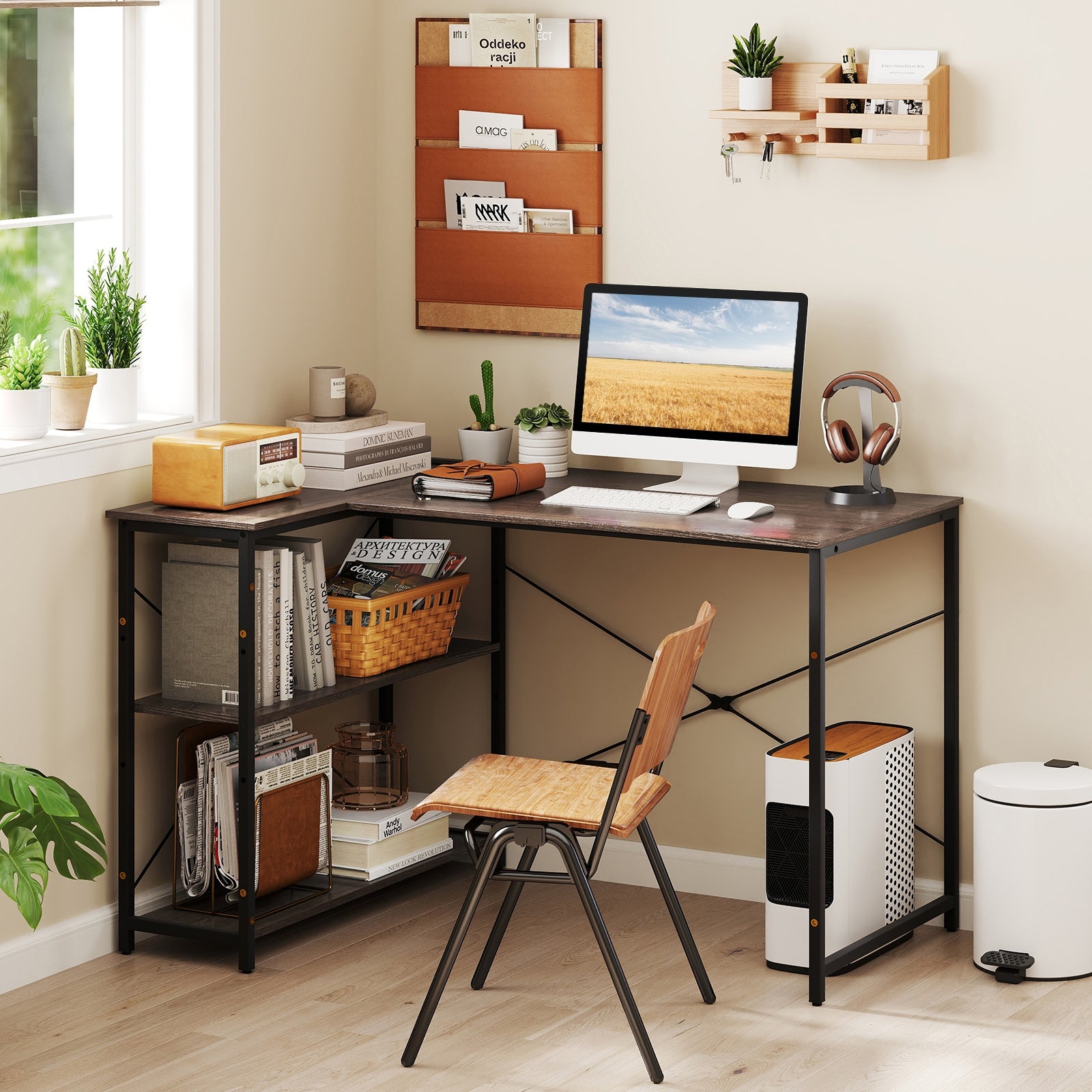 L-shaped 47 Inch Reversible Corner Desk with Adjustable Storage Shelves, Gray L-Shaped Desks at Gallery Canada