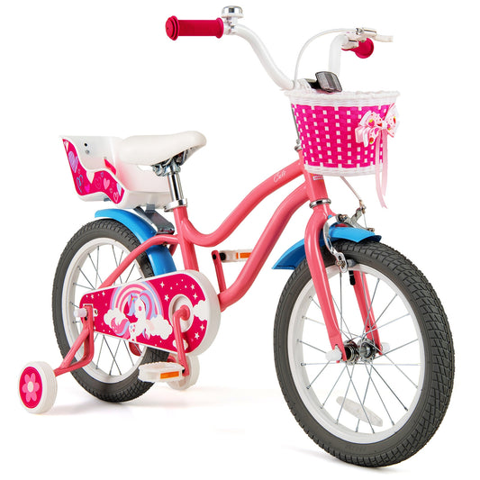 16 Inch Kids Bike with Training Wheels and Storage Basket-16 inches, Pink Kids Bike Pink at Gallery Canada