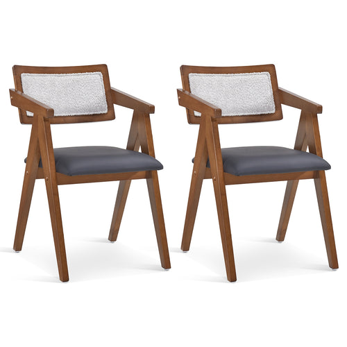 Mid Century Wooden Accent Chairs with Leathaire Seat Cushions Set of 2, Walnut