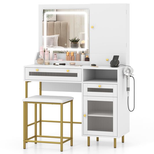 Modern Makeup Vanity Desk With Mirror, Lights, Stool Set, White Makeup Vanities White at Gallery Canada