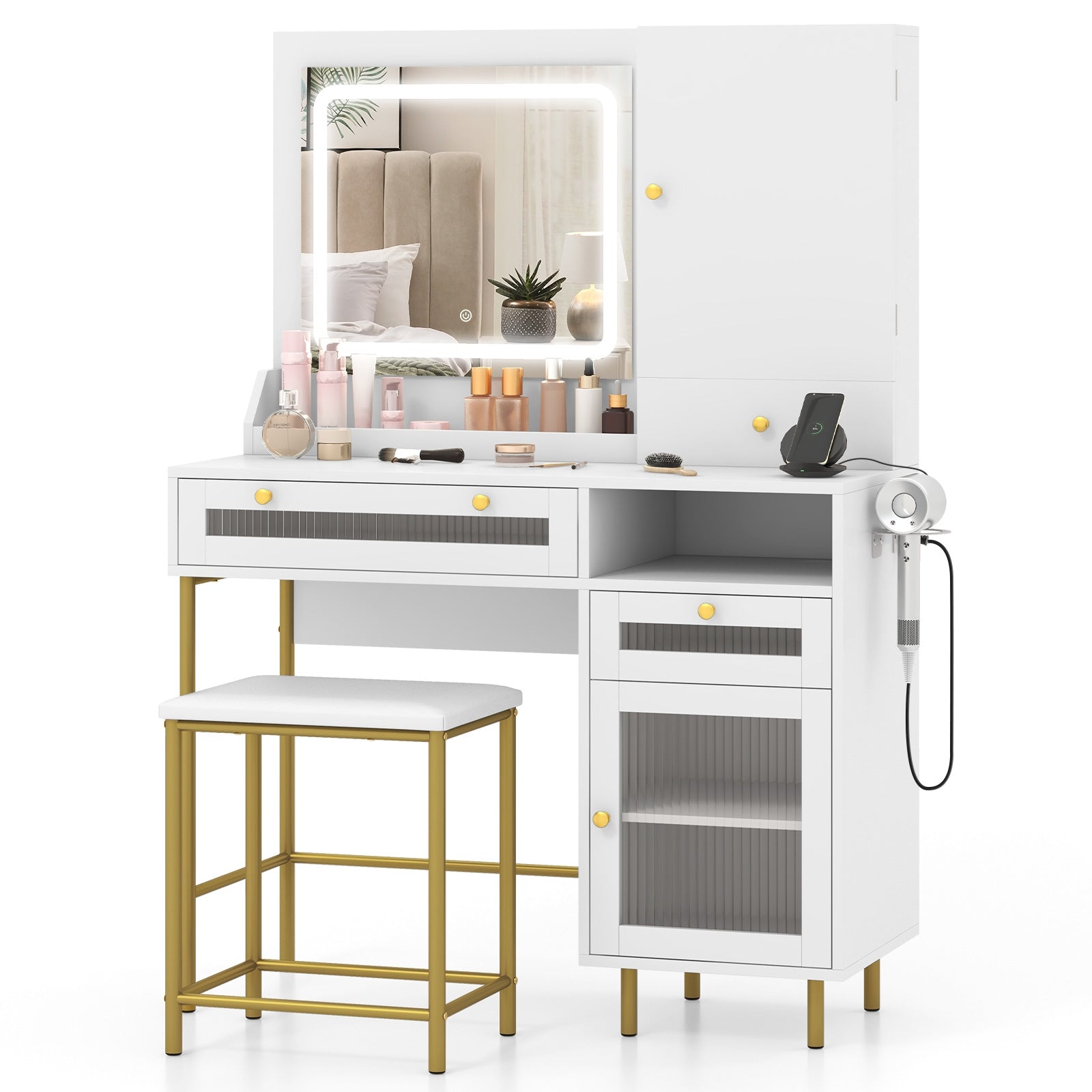 Modern Makeup Vanity Desk With Mirror, Lights, Stool Set, White Makeup Vanities at Gallery Canada