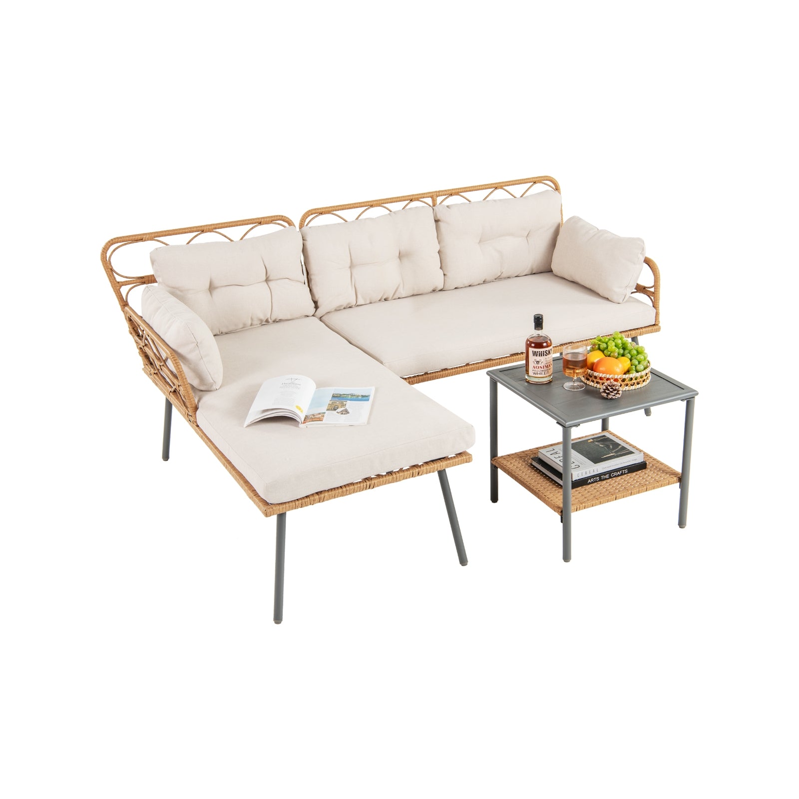 3 Pieces Corner Patio Furniture with Small Coffee Table, Beige Patio Conversation Sets at Gallery Canada