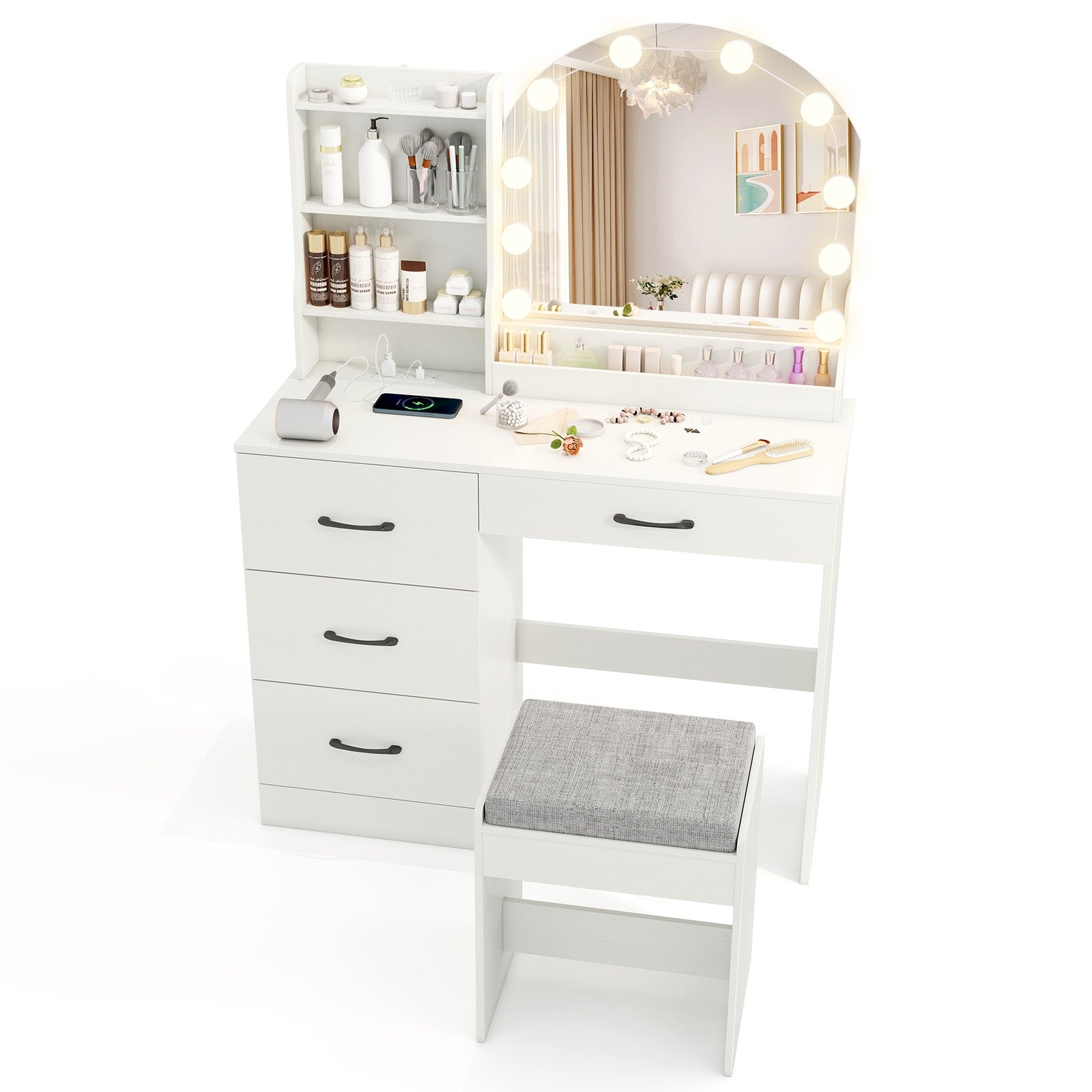 Makeup Vanity Desk Dressing Table and Stool Set with Mirror and Lights, White Makeup Vanities at Gallery Canada