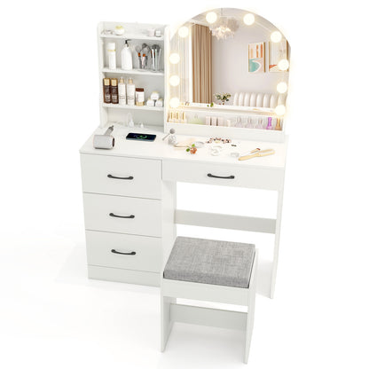 Makeup Vanity Desk Dressing Table and Stool Set with Mirror and Lights, White Makeup Vanities at Gallery Canada