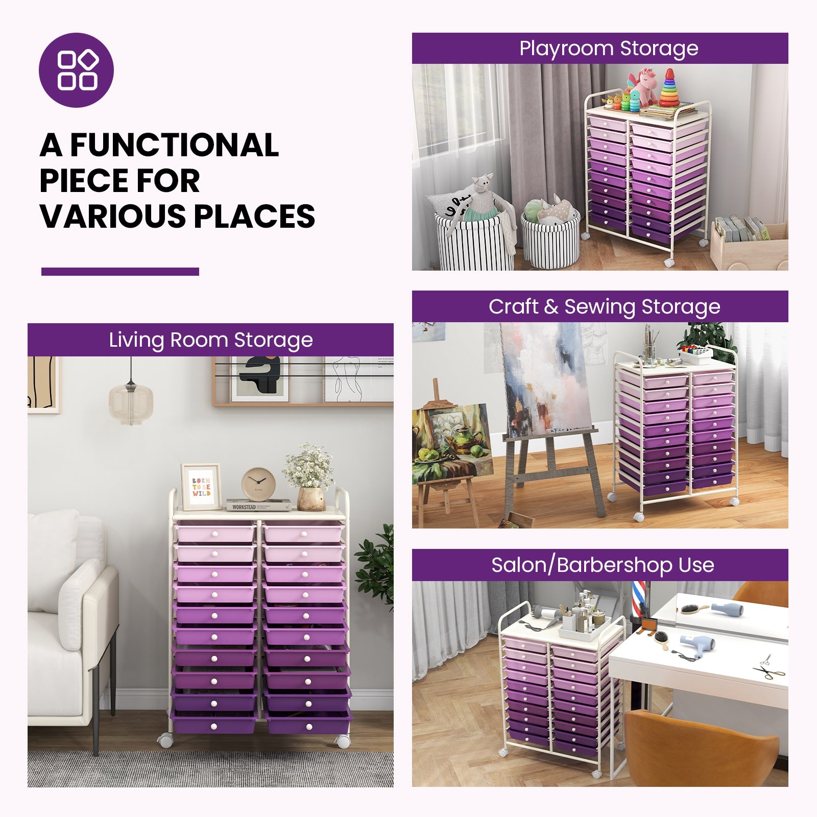 20 Drawers Rolling Storage Cart Studio Organizer, Purple File Cabinets at Gallery Canada