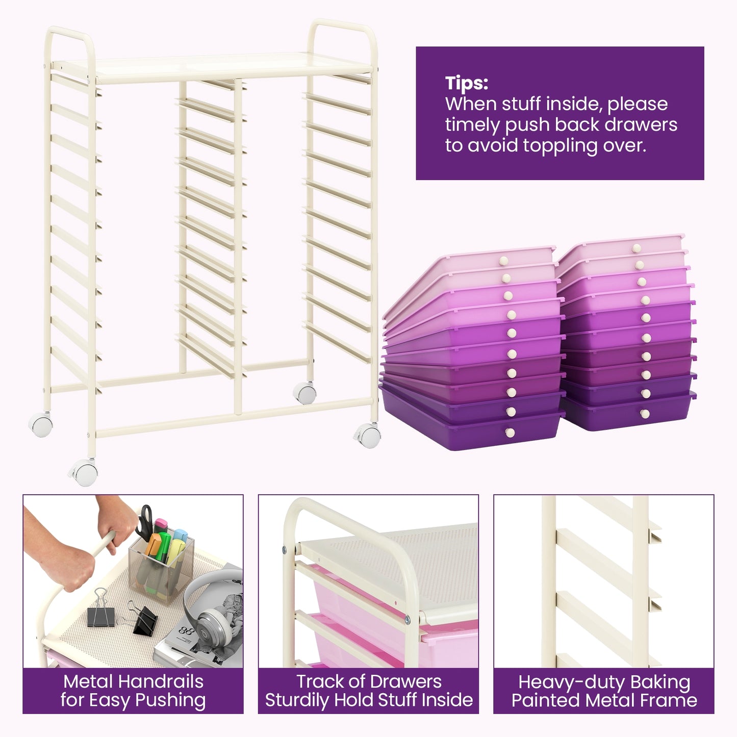 20 Drawers Rolling Storage Cart Studio Organizer, Purple File Cabinets at Gallery Canada