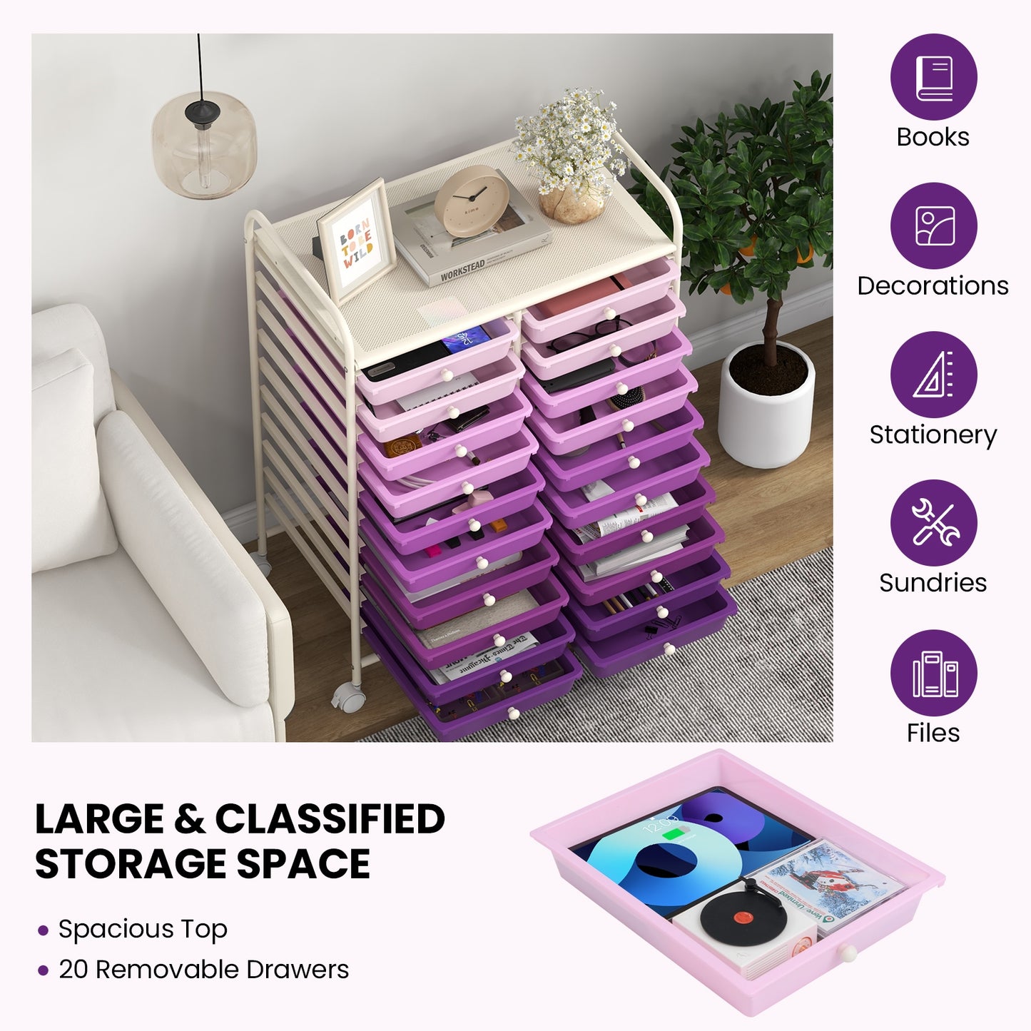 20 Drawers Rolling Storage Cart Studio Organizer, Purple File Cabinets at Gallery Canada