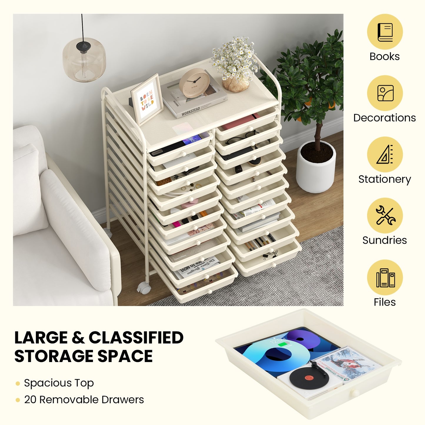 20 Drawers Rolling Storage Cart Studio Organizer, Beige File Cabinets at Gallery Canada
