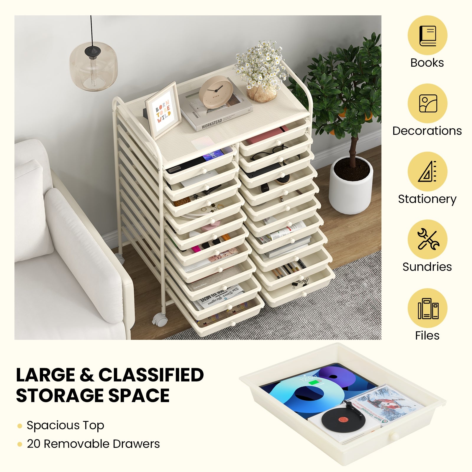 20 Drawers Rolling Storage Cart Studio Organizer, Beige File Cabinets at Gallery Canada