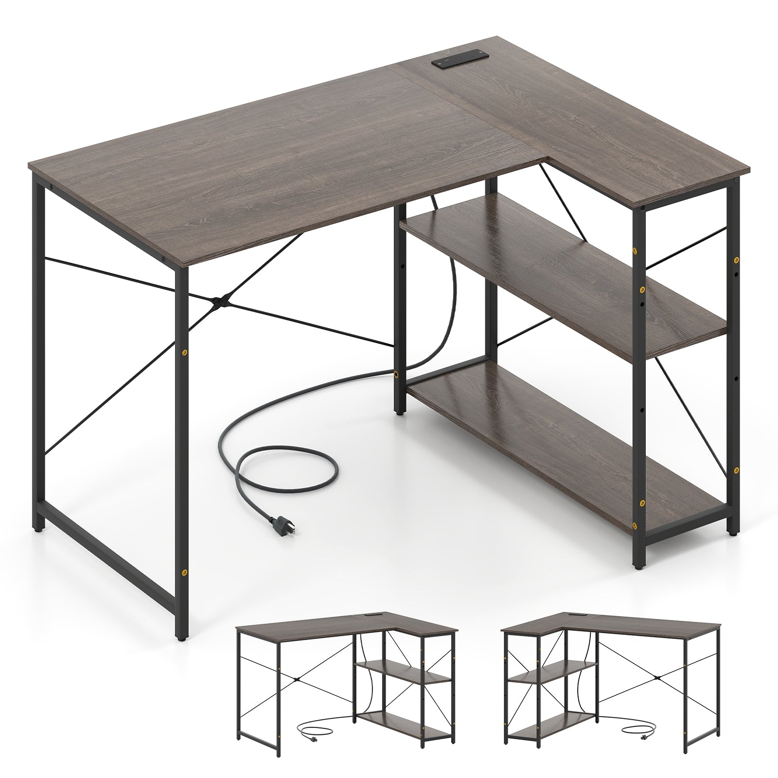 47 Inch L-Shaped Reversible Corner Desk, Adjustable Storage Shelves, Gray L-Shaped Desks at Gallery Canada