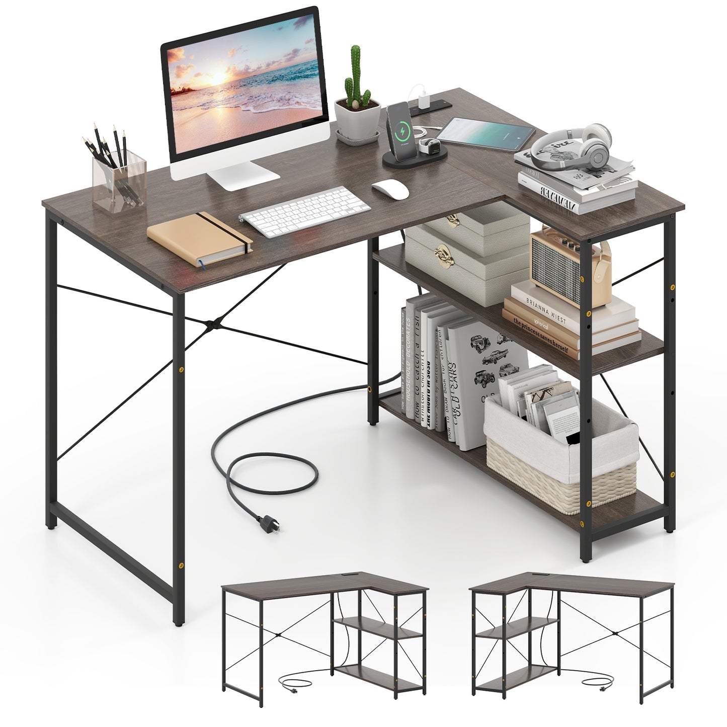 L-shaped 47 Inch Reversible Corner Desk with Adjustable Storage Shelves, Gray L-Shaped Desks at Gallery Canada