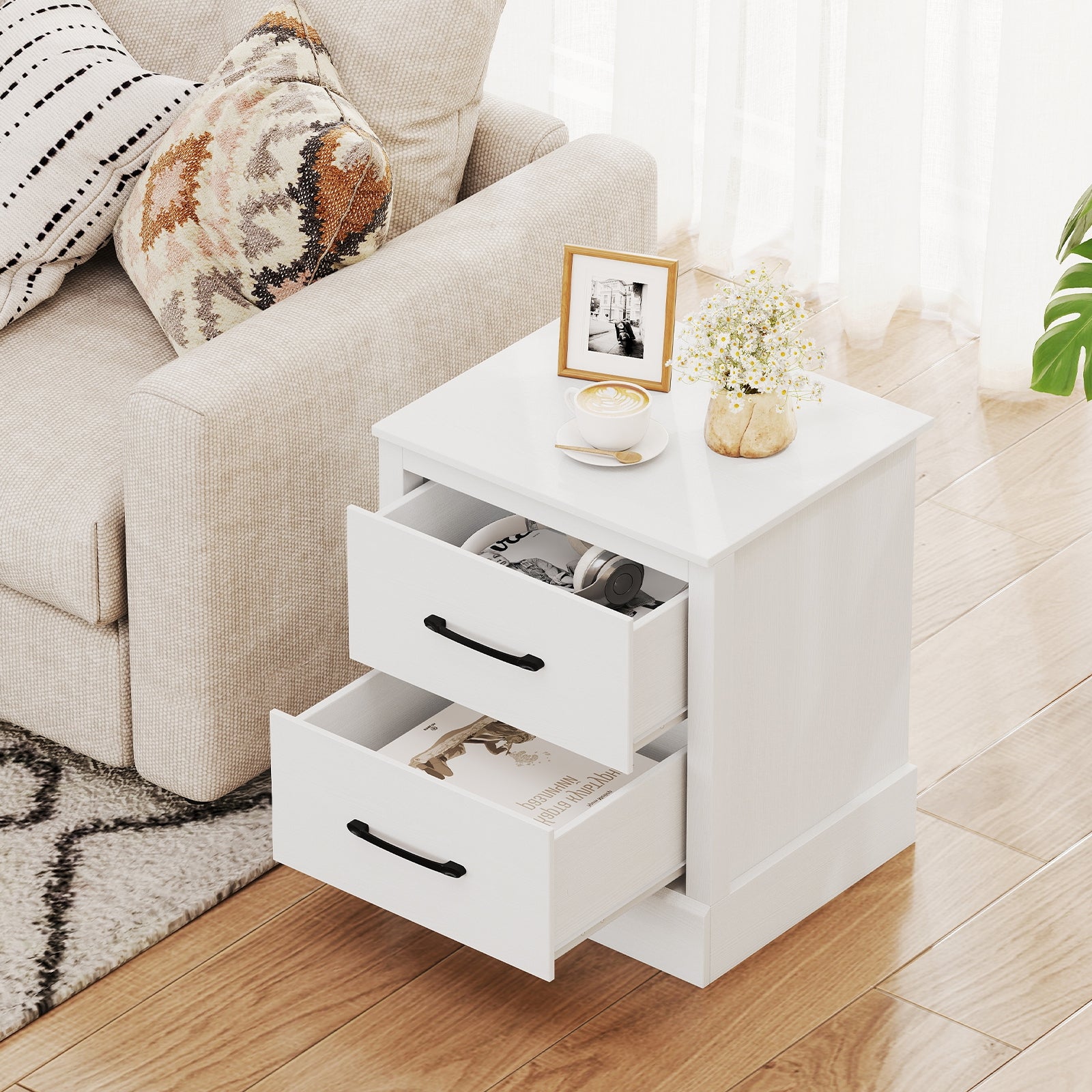 Wood Compact Floor Nightstand with Storage Drawers, White Nightstands at Gallery Canada