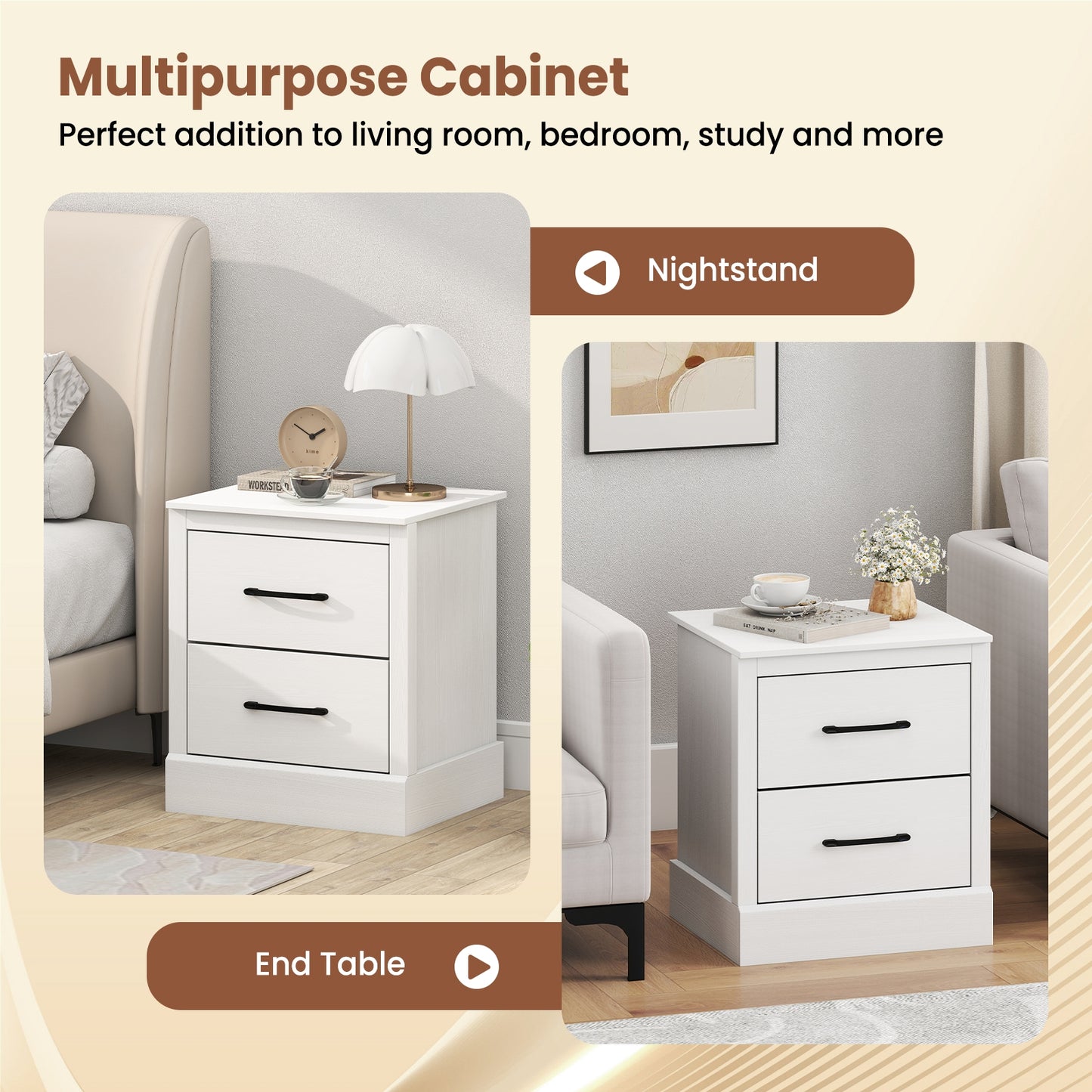 Wood Compact Floor Nightstand with Storage Drawers, White Nightstands at Gallery Canada