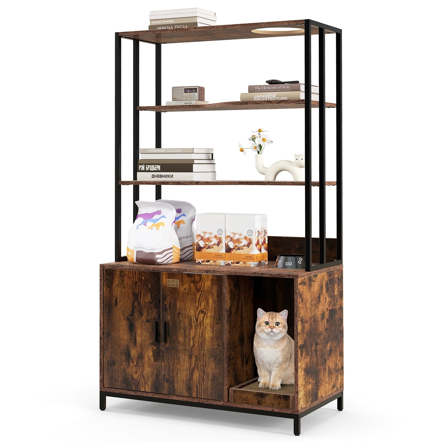 Cat Litter Box Enclosure with Storage and 3-tier Shelves, Rustic Brown Cat Houses at Gallery Canada