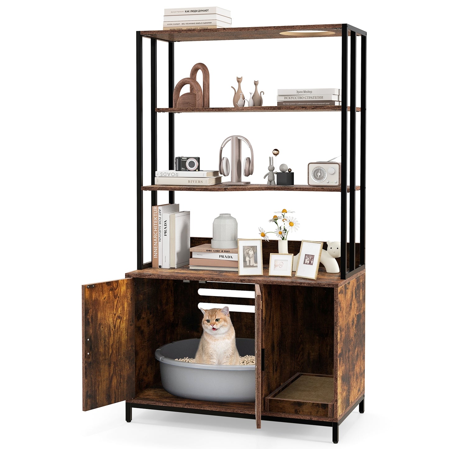 Cat Litter Box Enclosure with Storage and 3-tier Shelves, Rustic Brown Cat Houses at Gallery Canada