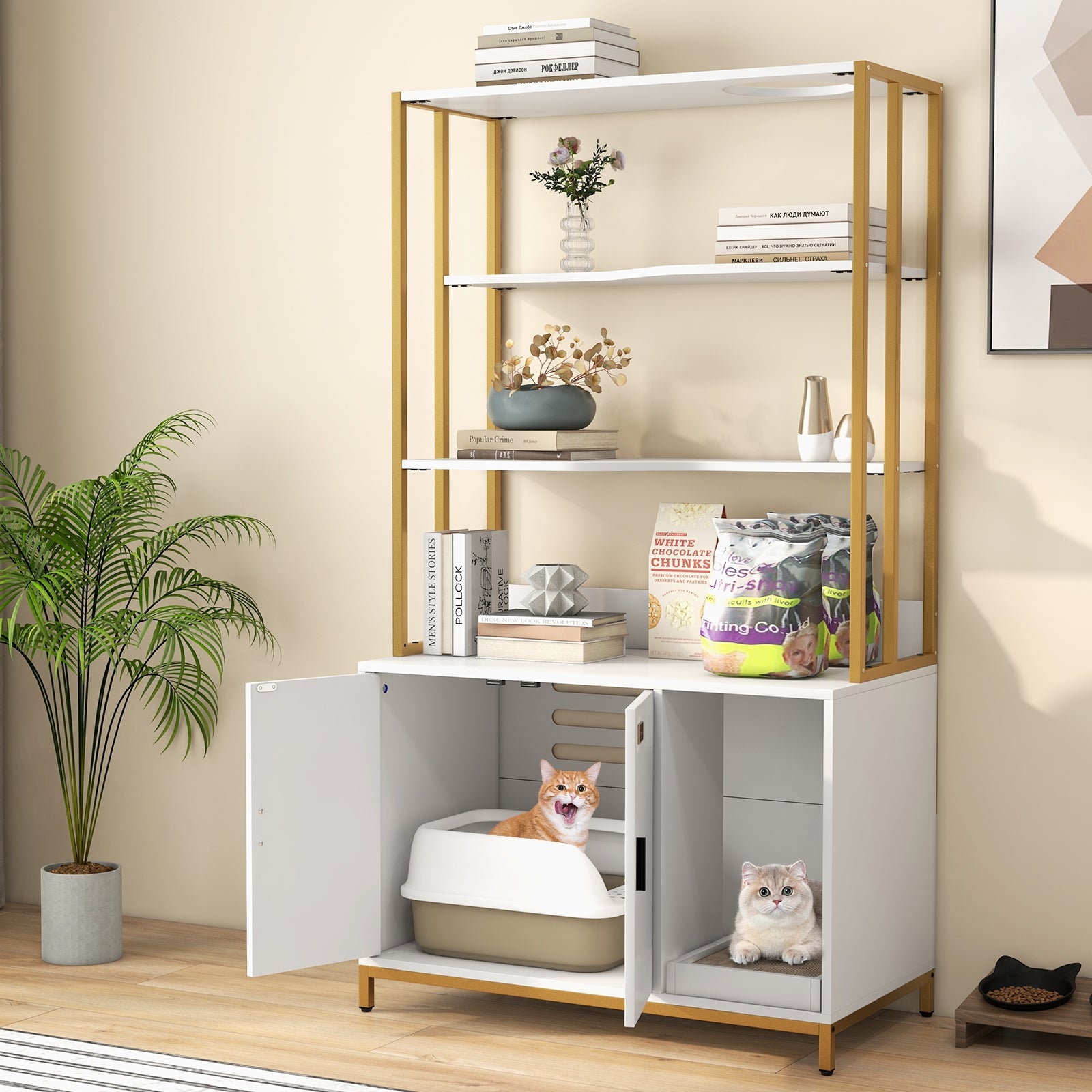 Cat Litter Box Enclosure with Storage and 3-tier Shelves, White Cat Houses at Gallery Canada