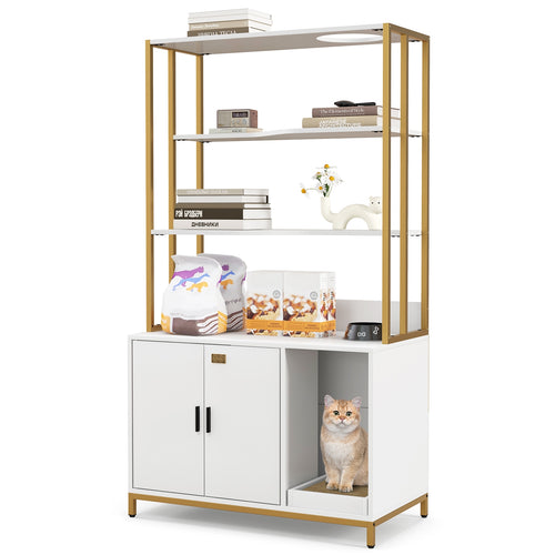 Cat Litter Box Enclosure with Storage and 3-tier Shelves, White