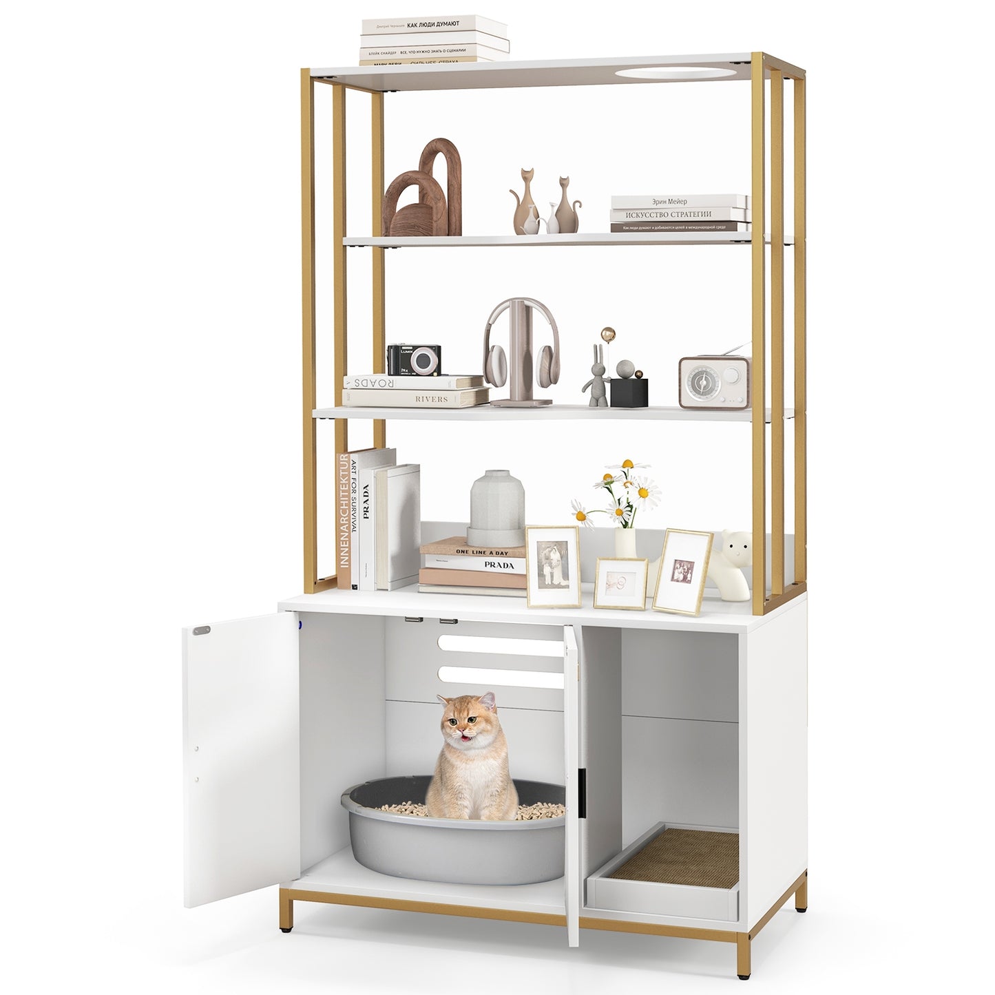 Cat Litter Box Enclosure with Storage and 3-tier Shelves, White Cat Houses at Gallery Canada